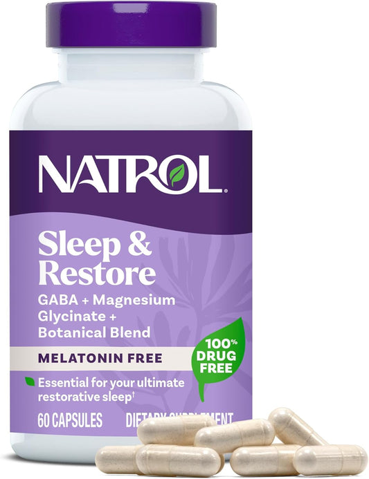 Natrol Sleep & Restore Capsules with Magnesium Glycinate 100mg, GABA, Essential for Your Ultimate Restorative Sleep, Melatonin-Free, 30 Day Supply
