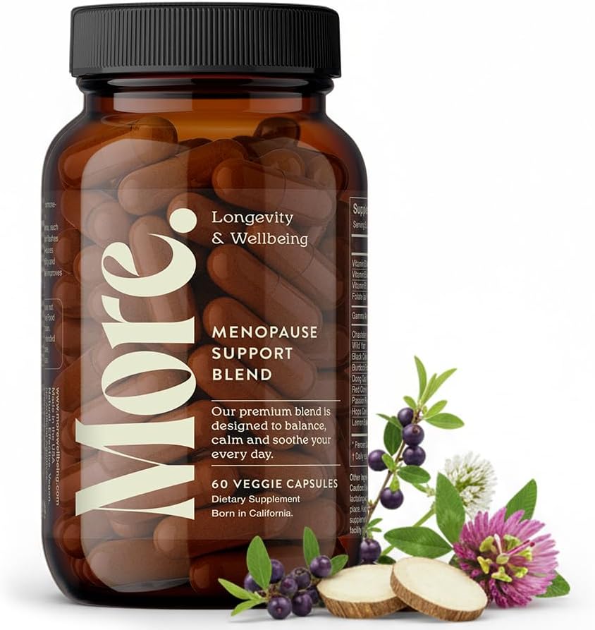 More. Longevity & Wellbeing Menopause Support Supplements for Women | Vegan, Hormone-Free & Gluten-Free | Natural Extracts for Hot Flashes, Night Sweats & Hormonal Balance – 60 Caps