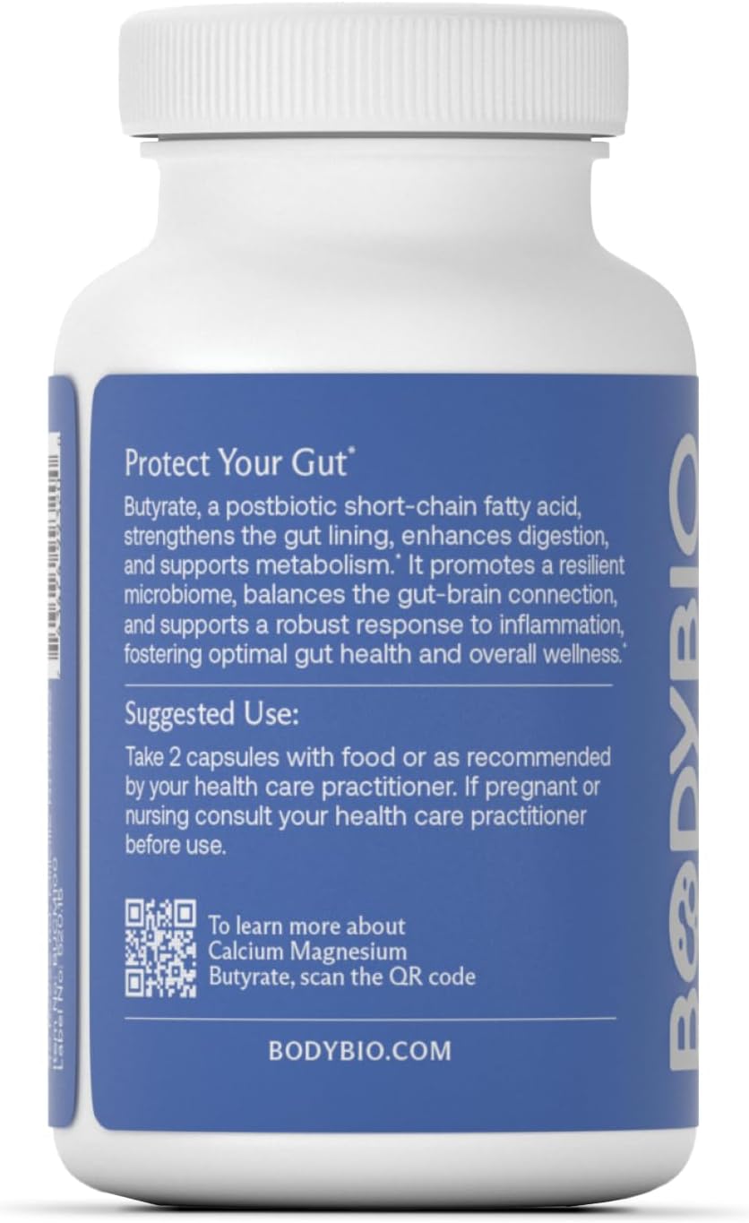 BodyBio Butyrate - Postbiotic for Gut Health, Digestive Support, Bloat, Gas & Constipation Relief, Leaky Gut Repair - Calcium, Magnesium + Butyric Acid Supplement for GI Wellness