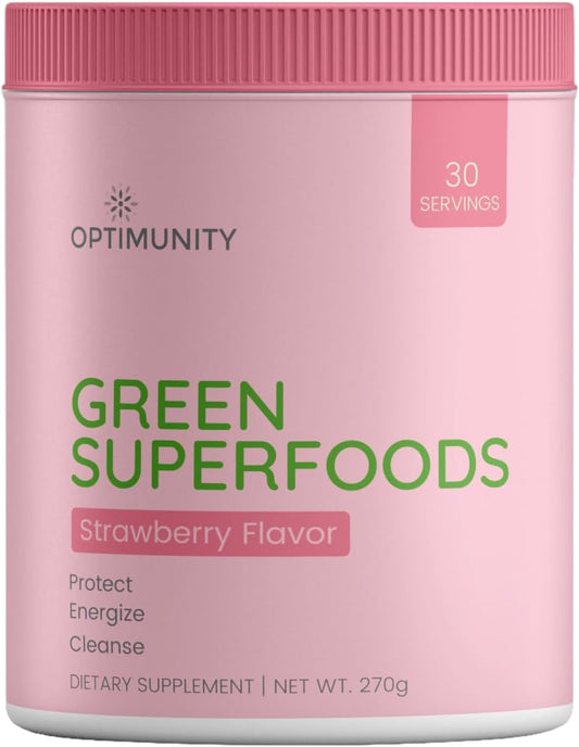 Green Superfoods Powder - Unflavored – Organic Greens Blend with Spirulina, Probiotics & Digestive Enzymes – Detox, Immune & Gut Health Support – 30 Servings (30 Servings, Strawberry)