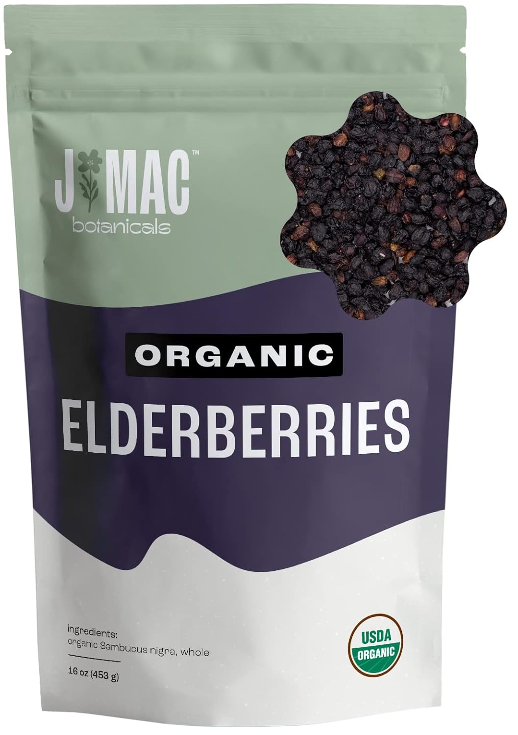 J Mac Botanicals Certified USDA - 100% Organic Dried Elderberries - 1lb Bulk - Non-Irradiated, Non-GMO, Whole Black Elderberry Immune Support - Raw Vegan Sambucus 1 Pound