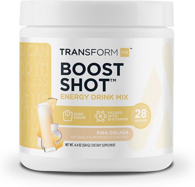 TransformHQ Energy & Focus Powder (Pina Colada) - Boost Shot Clean Energy Drink Mix - Sugar Free - Non-GMO, Gluten-Free - 28 Servings