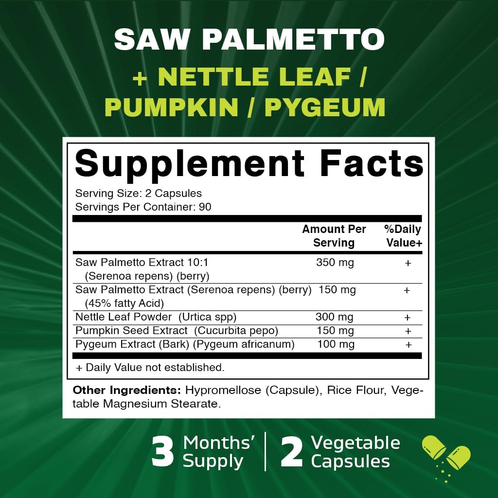 Vitamatic Saw Palmetto Extract for Men & Women 180 Veg Capsules - Made with Pumpkin Seed, Pygeum, Nettle Leaf - Made in The USA - Promotes Healthy Prostate Function-2 Pack