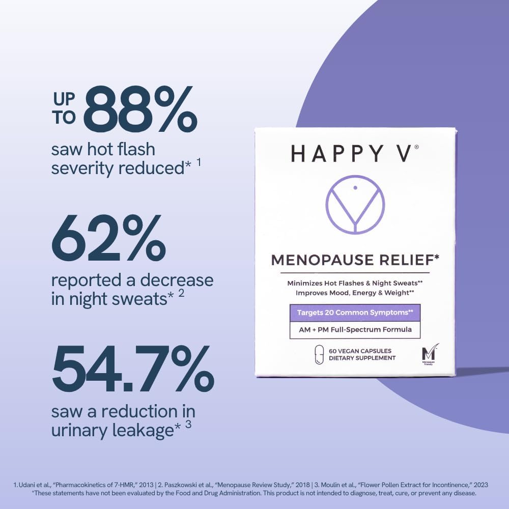 Happy V Menopause Relief Supplement for Women – Hormone Balance, Hot Flash & Night Sweat Support, Mood & Energy Booster, Vaginal Wellness, Perimenopause & Postmenopause Support – 60 Vegan Capsules