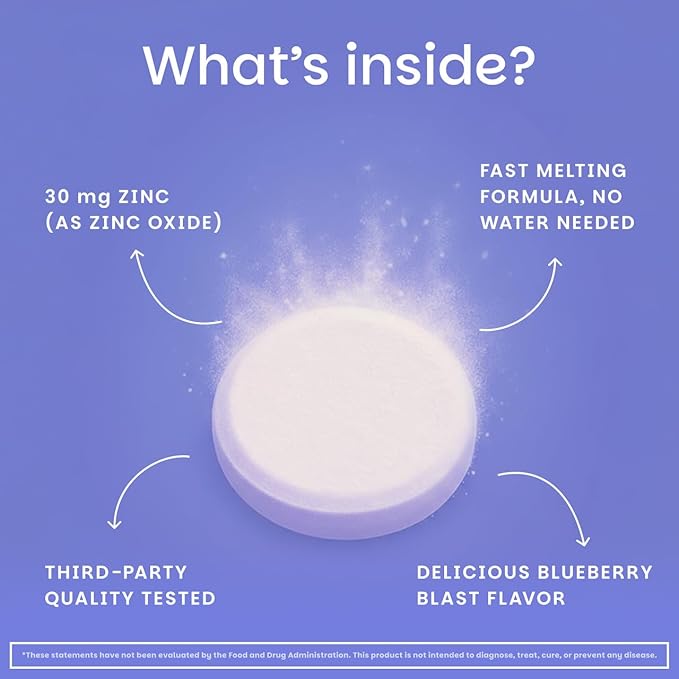 EZ Melts Zinc - Supplement for Immune, Digestive & Skin Health Support - Non-GMO, Vegan & Gluten-Free - Blueberry Blast - 60 Dissolvable Tablets (60 Servings)