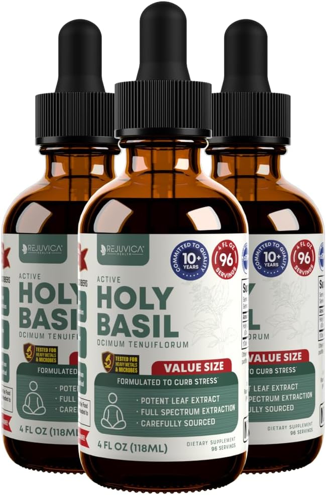 Rejuvica Health Active Holy Basil 4oz XL Super Size - Advanced Stress Support Supplement Drops - Holy Basil Leaves Liquid Extract - Vegan Sugar Free Non GMO Tincture 3 Pack