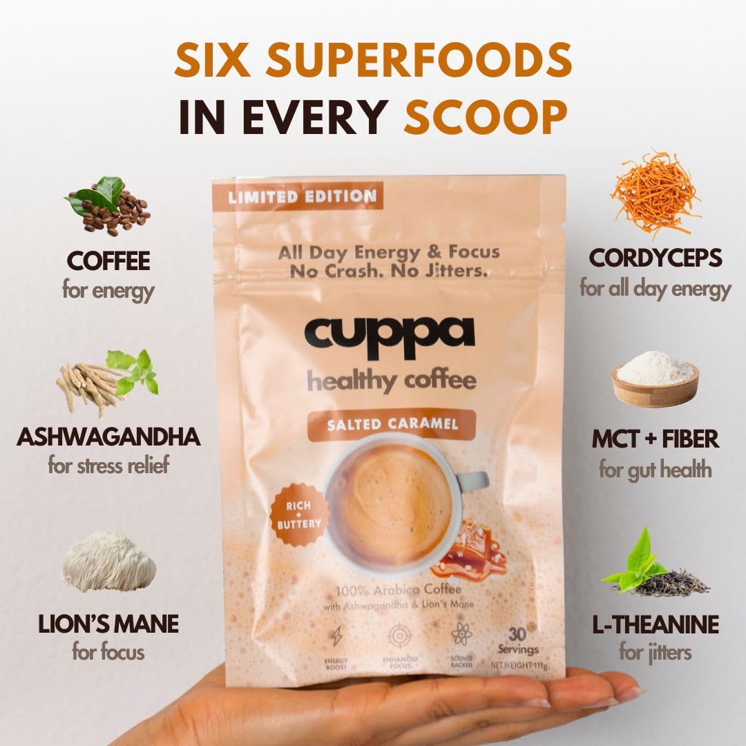 Cuppa Salted Caramel Healthy Mushroom Instant Coffee with Lion's Mane & Ashwagandha for All Day Energy & Focus - No Crash or Jitters - Nootropics for Brain Health, Gut Health, Immunity, Stress, Memory + Mood - 30 Servings