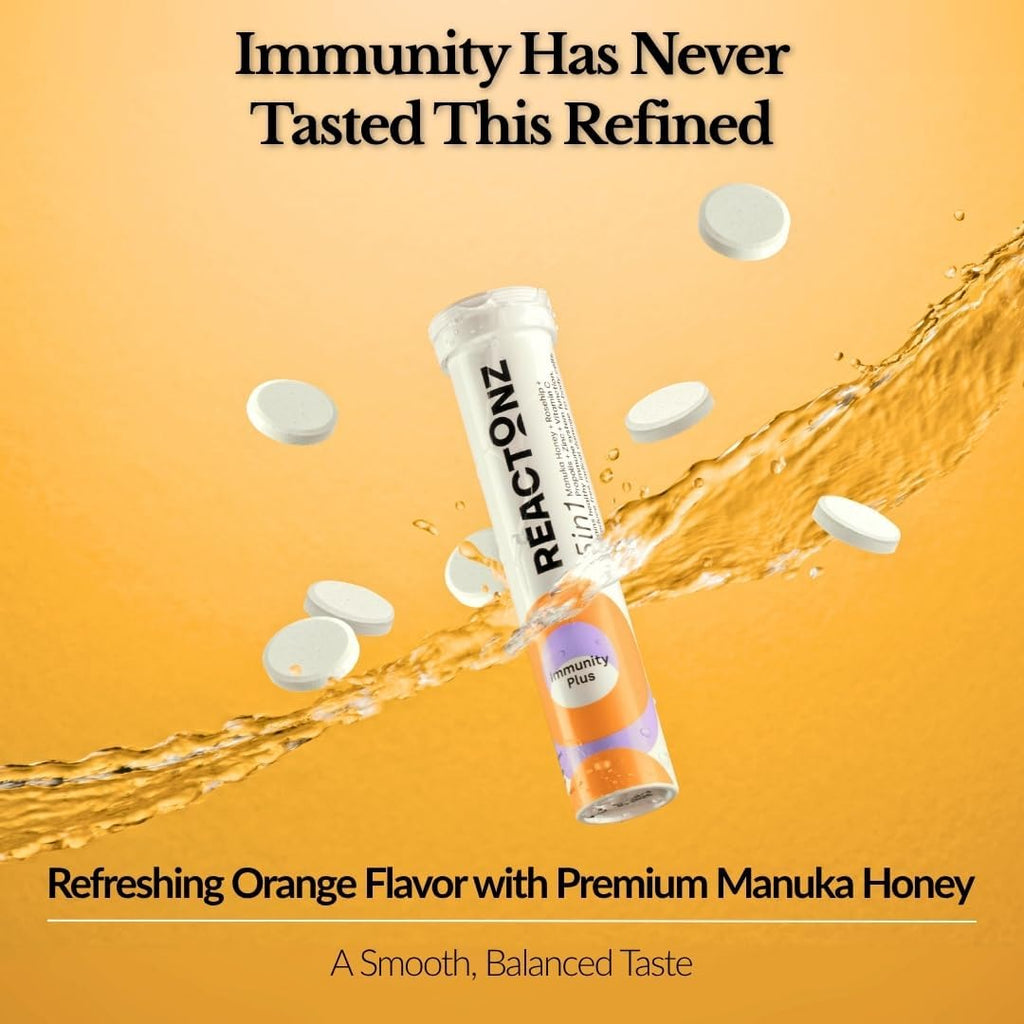 5 in 1 Immunity Plus – Immune Support & Antioxidant Supplement – Vitamin C, Zinc, Manuka Honey, Rosehip & Propolis – Natural Zesty Orange Flavor – 60 Day Supply Effervescent Tablets