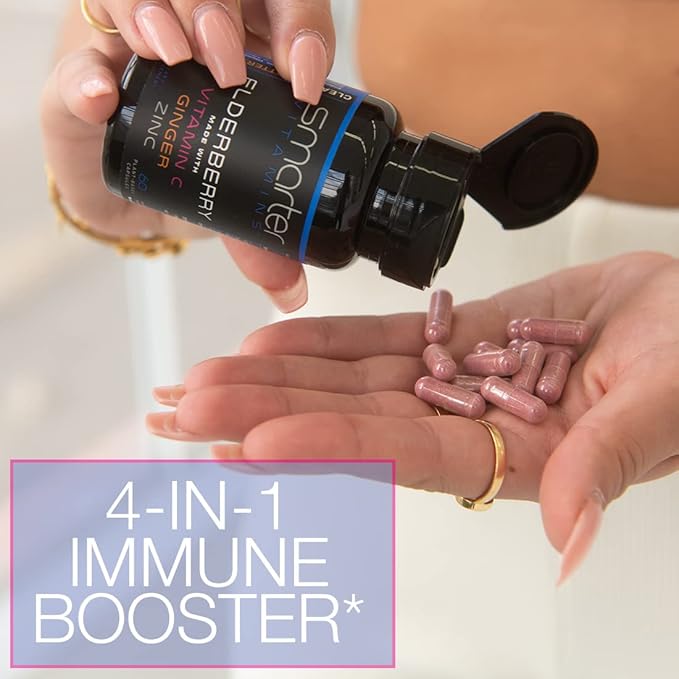 Smarter Elderberry Capsules + Vitamin C + Ginger & Zinc, Herbal Supplement, Powerful Black Elder Berry Extract Antioxidant Vitamin, 60 Vegan Pills