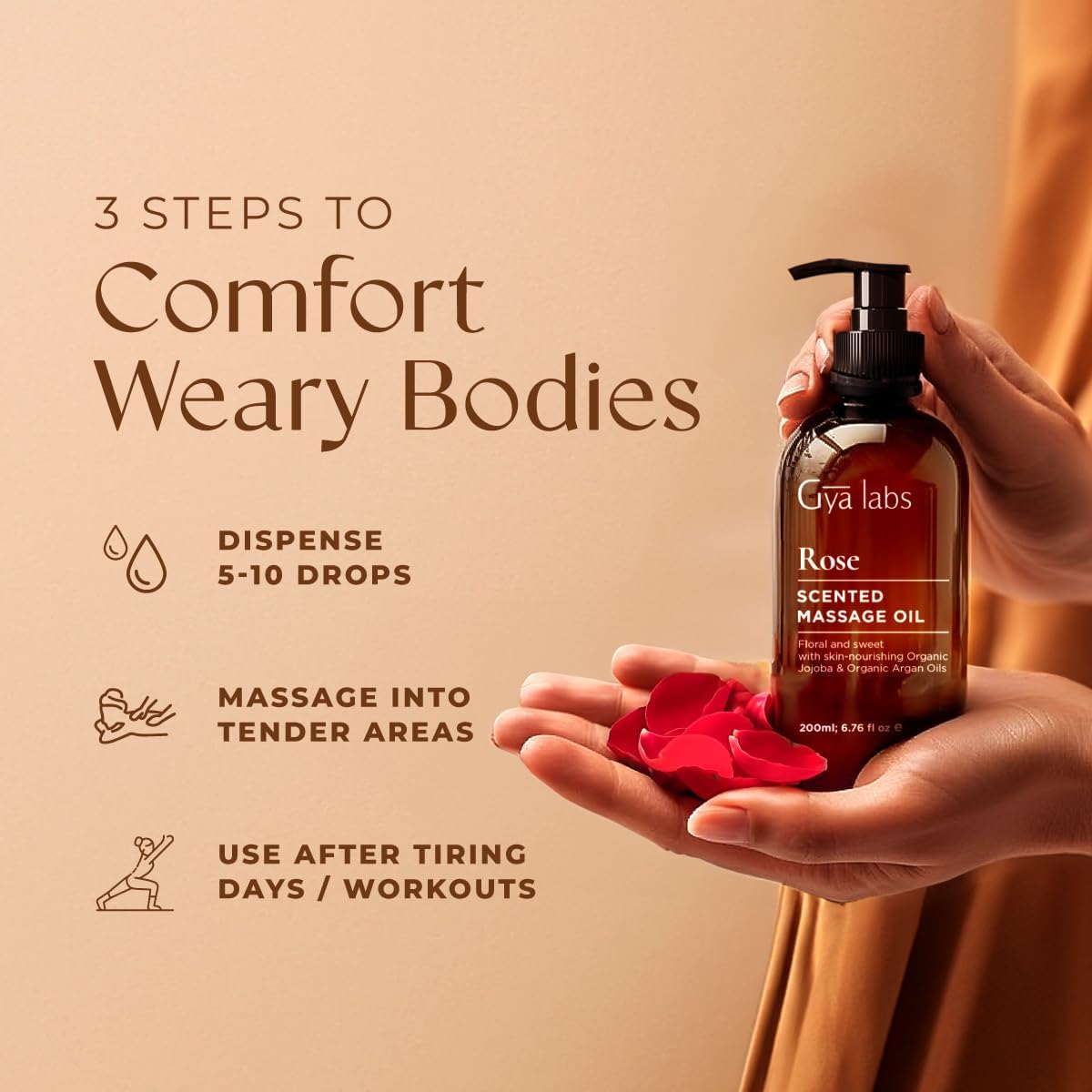 Gya Labs Rose Massage Oil - 6.76 Fl Oz - Non-Greasy Formula for Sore Muscles, Deep Relaxation & All Skin Types - Suitable for Men & Women