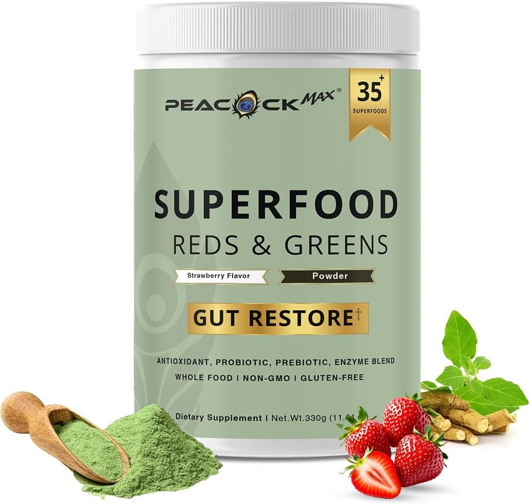 Superfood Reds & Greens Powder - 11.64 oz, Prebiotics & Probiotics for Digestive Health, Super Greens Powder with Ashwagandha for Gut Health, Immunity, Antioxidants, Strawberry Flavor, Vegan, Non-GMO