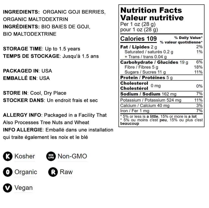 Food to Live Organic Goji Berry Powder, 4 Ounces Non-GMO, Kosher, Vegan, Bulk, Contains Maltodextrin