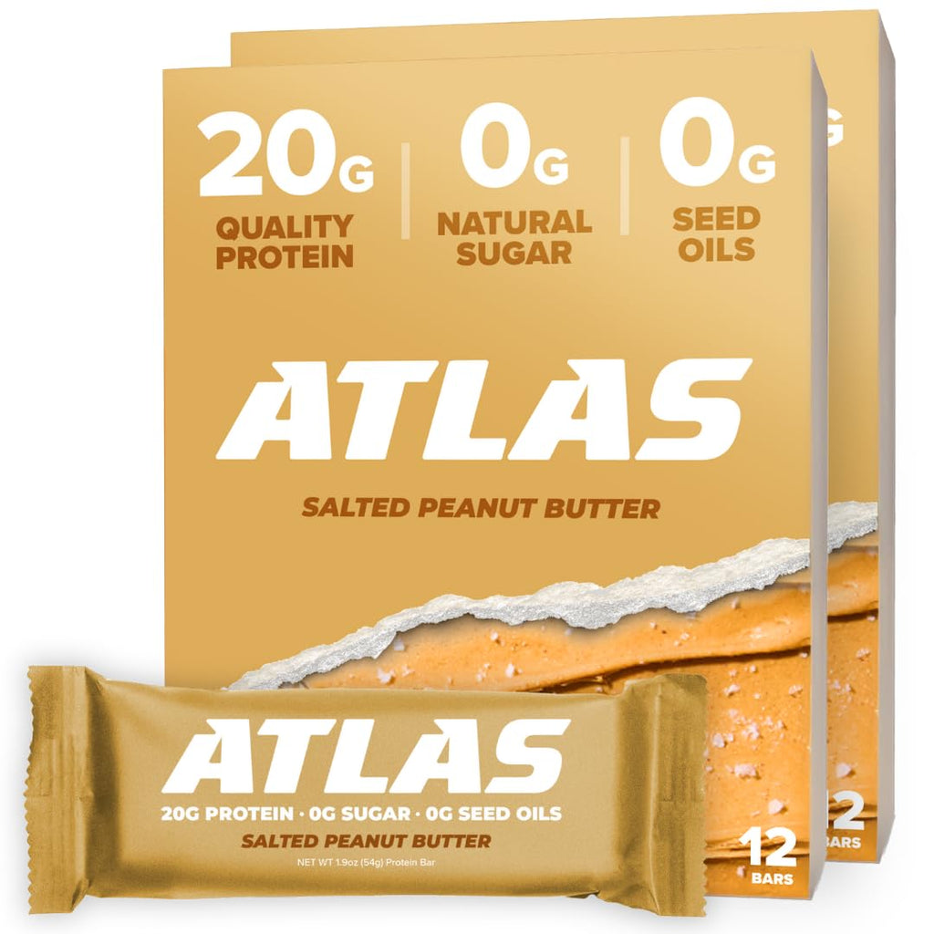 Atlas Bar – 20g Protein, 1g Sugar, 0g Seed Oils, 0g Artificial Sweeteners (Salted Peanut Butter, 24 Count)