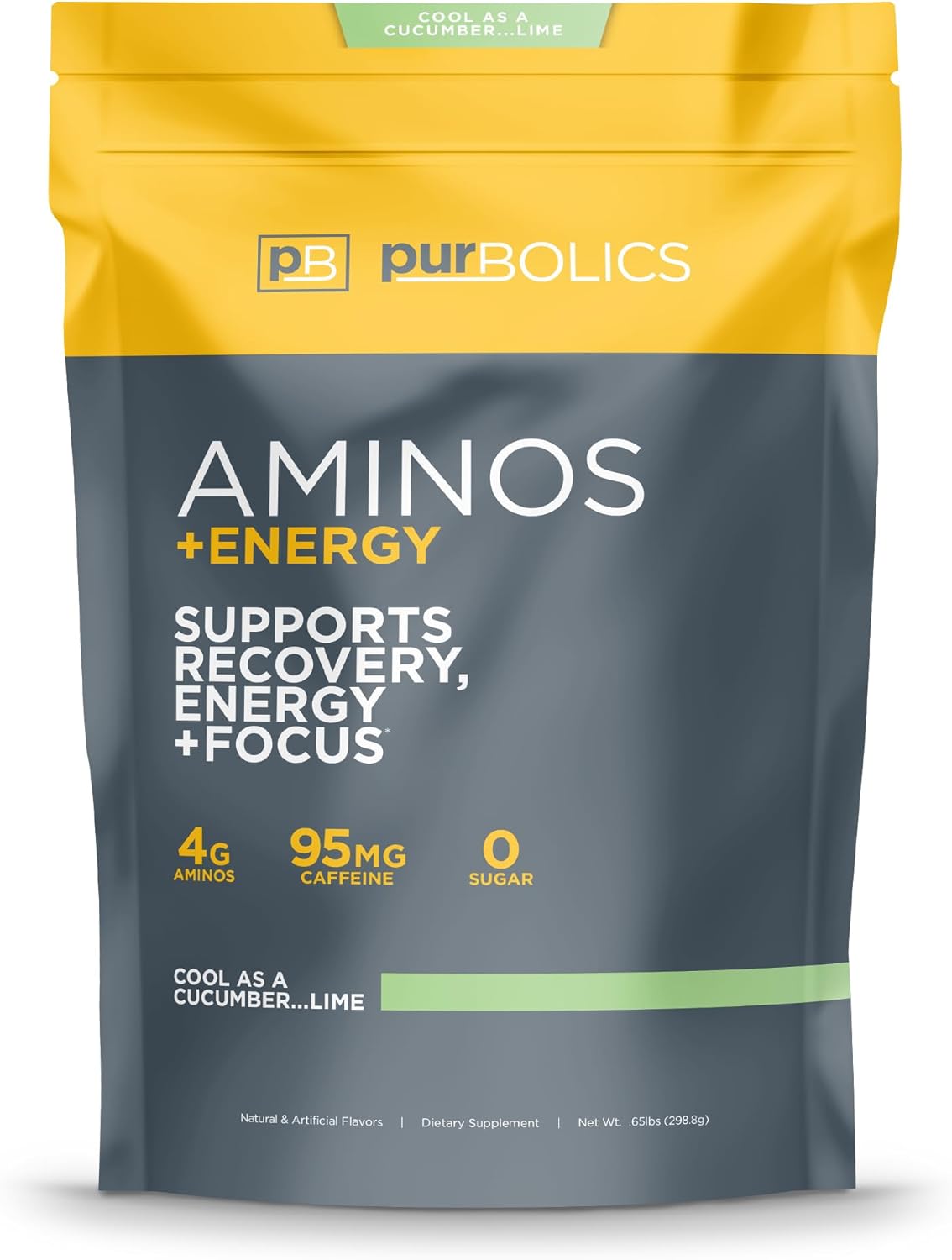 Purbolics Aminos + Energy | Supports Recovery, Energy & Focus | 95mg of Caffeine, 0 Sugar & 60 Servings (Cool As Cucumber…Lime)
