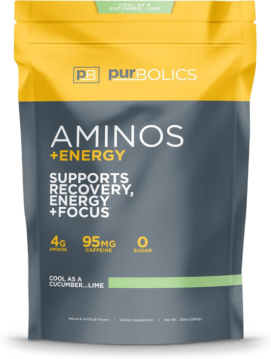 Purbolics Aminos + Energy | Supports Recovery, Energy & Focus | 95mg of Caffeine, 0 Sugar & 60 Servings (Cool As Cucumber…Lime)