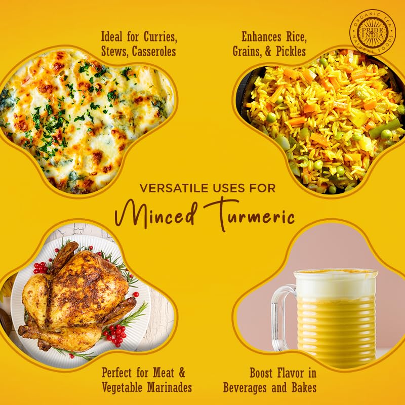 Pride of India - PACK of 6 - Turmeric Minced Whole – Gourmet Spice – Curcumin Rich Properties – No Additives Gluten – Easy to Use – 7 oz. Medium Dual Sifter Jar