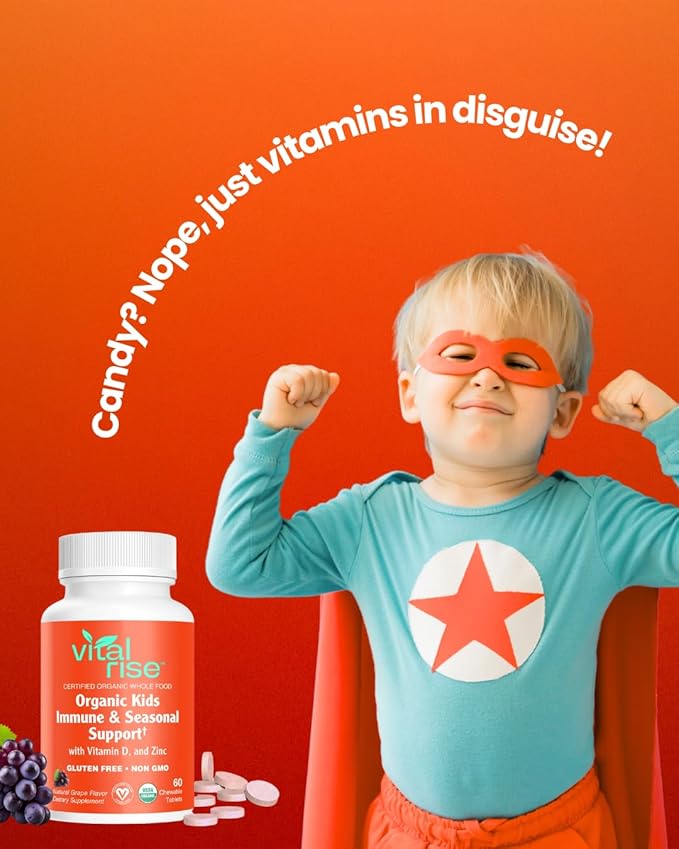 Kids Immune Support Chewables – USDA Organic – Vitamin C, D3, Zinc Supplements & Elderberry – Vegan, Non-GMO, Gluten Free – Seasonal Immune Defense for Children Ages 4+ – 60 Count