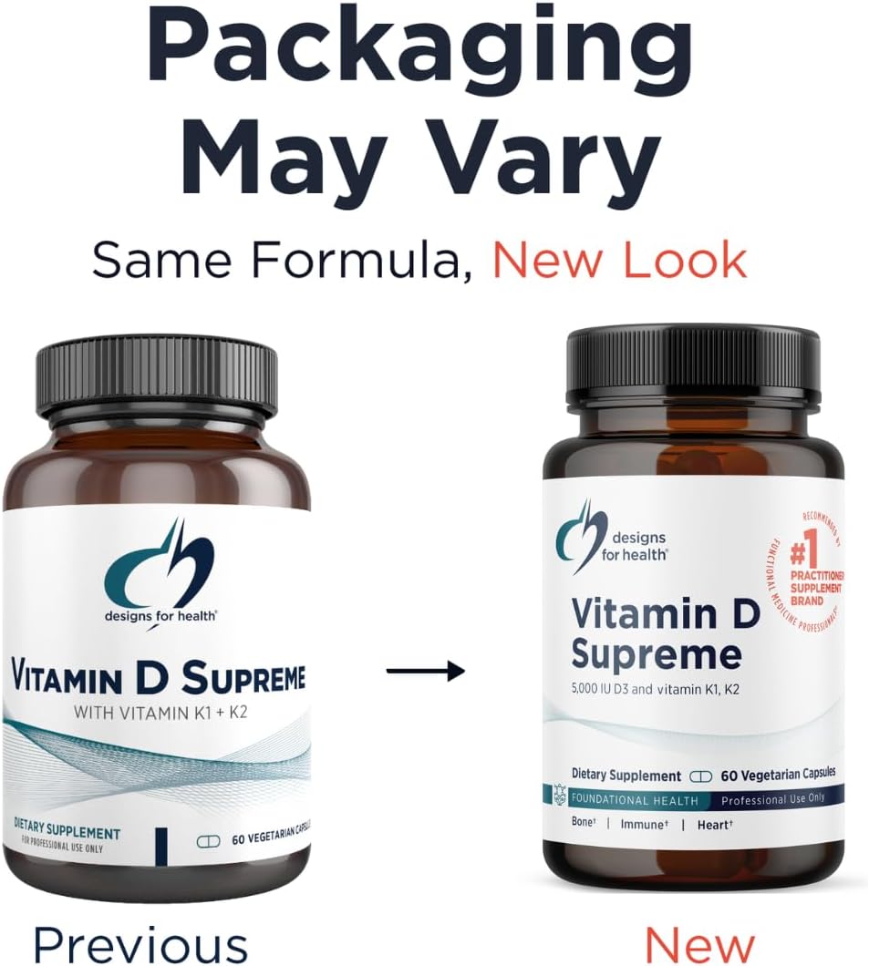Designs for Health Vitamin D Supreme - Vitamin D 5000 IU with 2000mcg Vitamin K as MK4 for Bone Health, Heart Health & Immune Support - Vitamin D3 Enhanced with GG Supplement (60 Capsules)