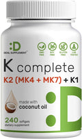 DEAL SUPPLEMENT Vitamin K Complete - 240 Coconut Oil Softgels | High Potency Vitamin K2 (MK-7 and MK-4) & K1 | Full Spectrum Triple Vitamin Ｋ | Bone, Joint, & Immune Support – Non-GMO