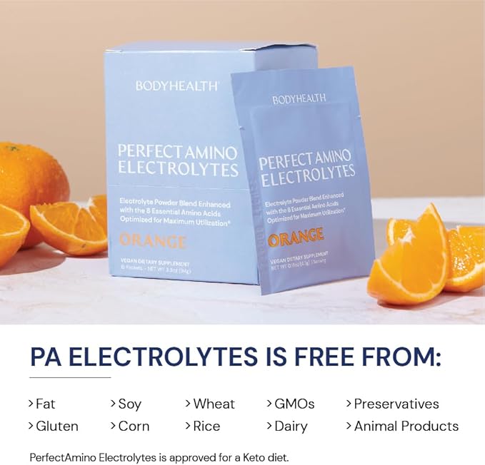 BodyHealth PerfectAmino Electrolytes Powder No Sugar, Keto Sugar Free Fasting Electrolytes Drink Mix, Hydration Powder with Trace Minerals - Orange - 15 Servings
