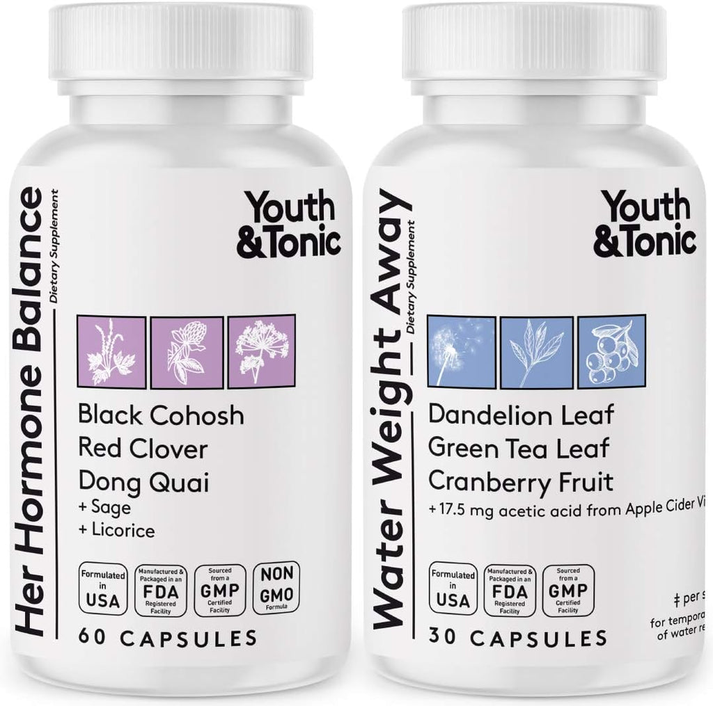 Youth & Tonic Water Retention Pills for Women and Hormone Balance Capsules for Swelling & Loss of Water and to Maintain Healthy Female Hormonal Level | 30 + 60 Capsules