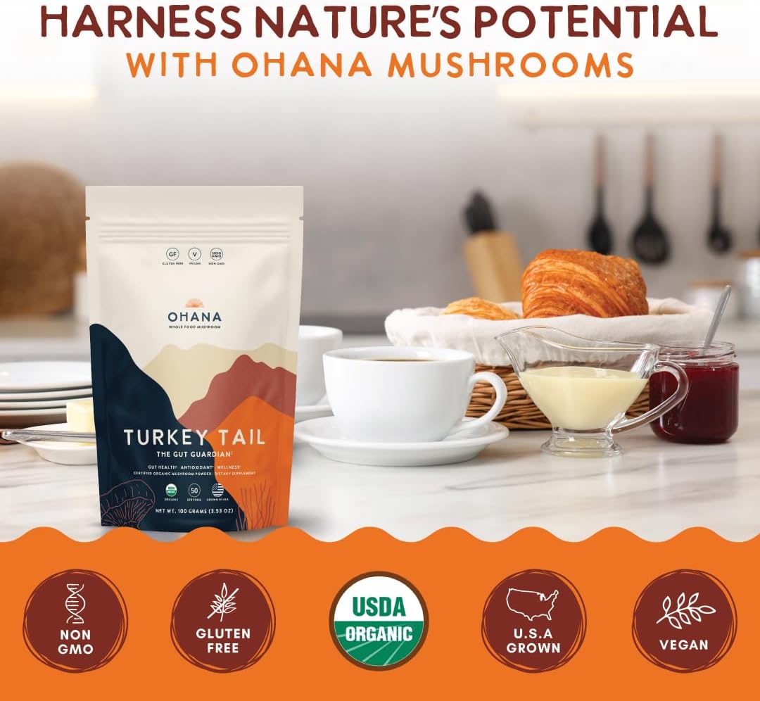 Ohana Turkey Tail, Organic Mushrooms Powder Blend, USDA-Organic Whole Food Mushroom Supplement, Non-GMO, Gluten-Free, 3.53 oz Bag, Pack of 1