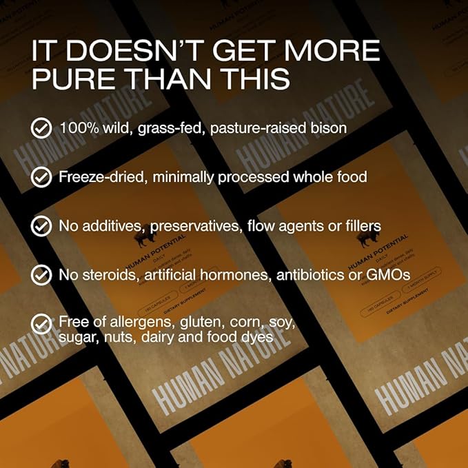 Human Nature Human Potential: Wild & Grass Fed Bison Organ Supplement with 150+ Nutrients for Energy, Focus, Vitality & Immune Support