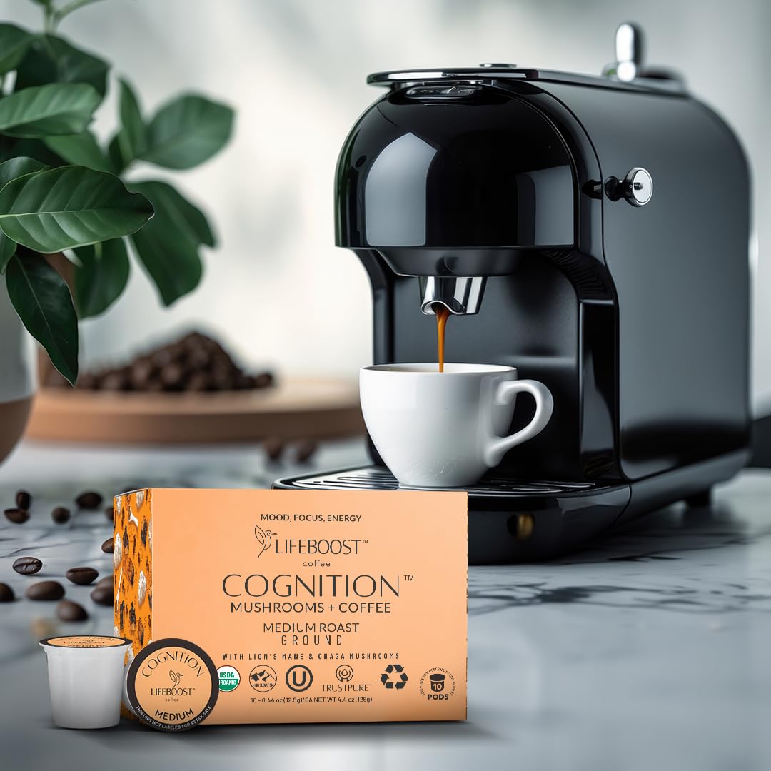 Lifeboost Cognition Mushroom Coffee Pods – Organic Low Acid K-Cups with Lion’s Mane & Chaga Adaptogens – Nootropic Coffee for Energy, Focus & Immune Support – 10 Count