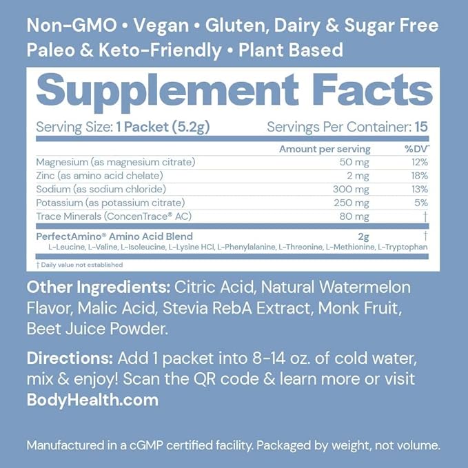 BodyHealth PerfectAmino Electrolytes Powder No Sugar, Keto Sugar Free Fasting Electrolytes Drink Mix, Hydration Powder with Trace Minerals - Watermelon - 15 Servings