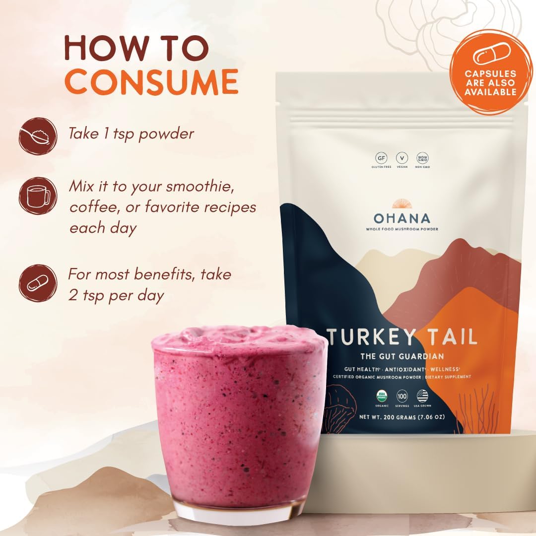 Ohana Turkey Tail, Organic Mushrooms Powder Blend, USDA-Organic Whole Food Mushroom Supplement, Non-GMO, Gluten-Free, 7.06 oz Bag, Pack of 1