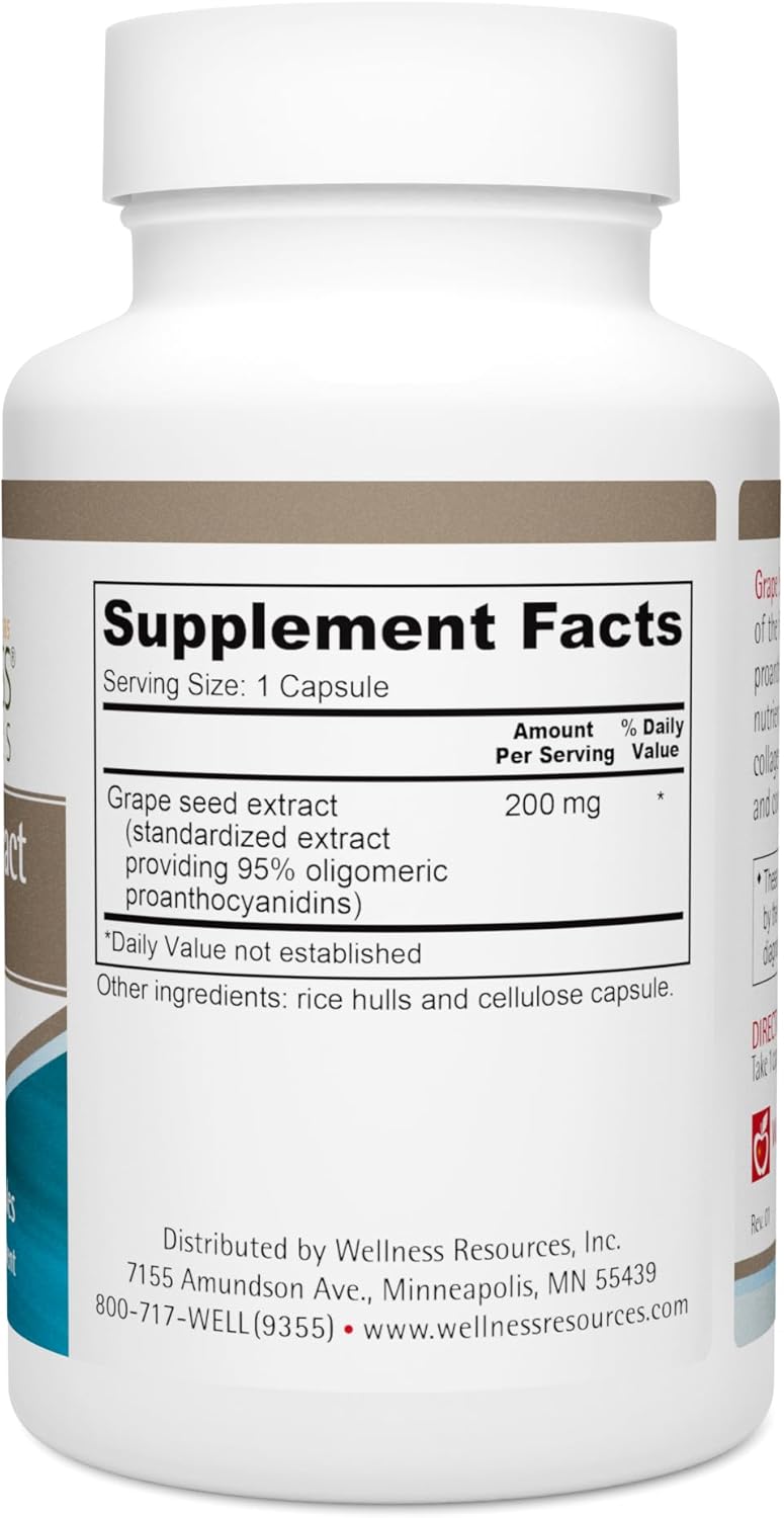 Wellness Resources Grape Seed Extract Supplement, Highest Potency 95% OPC, Supports Skin and Tissue Health, Vein Health, and Immunity (100 Capsules, 200mg per Capsule)