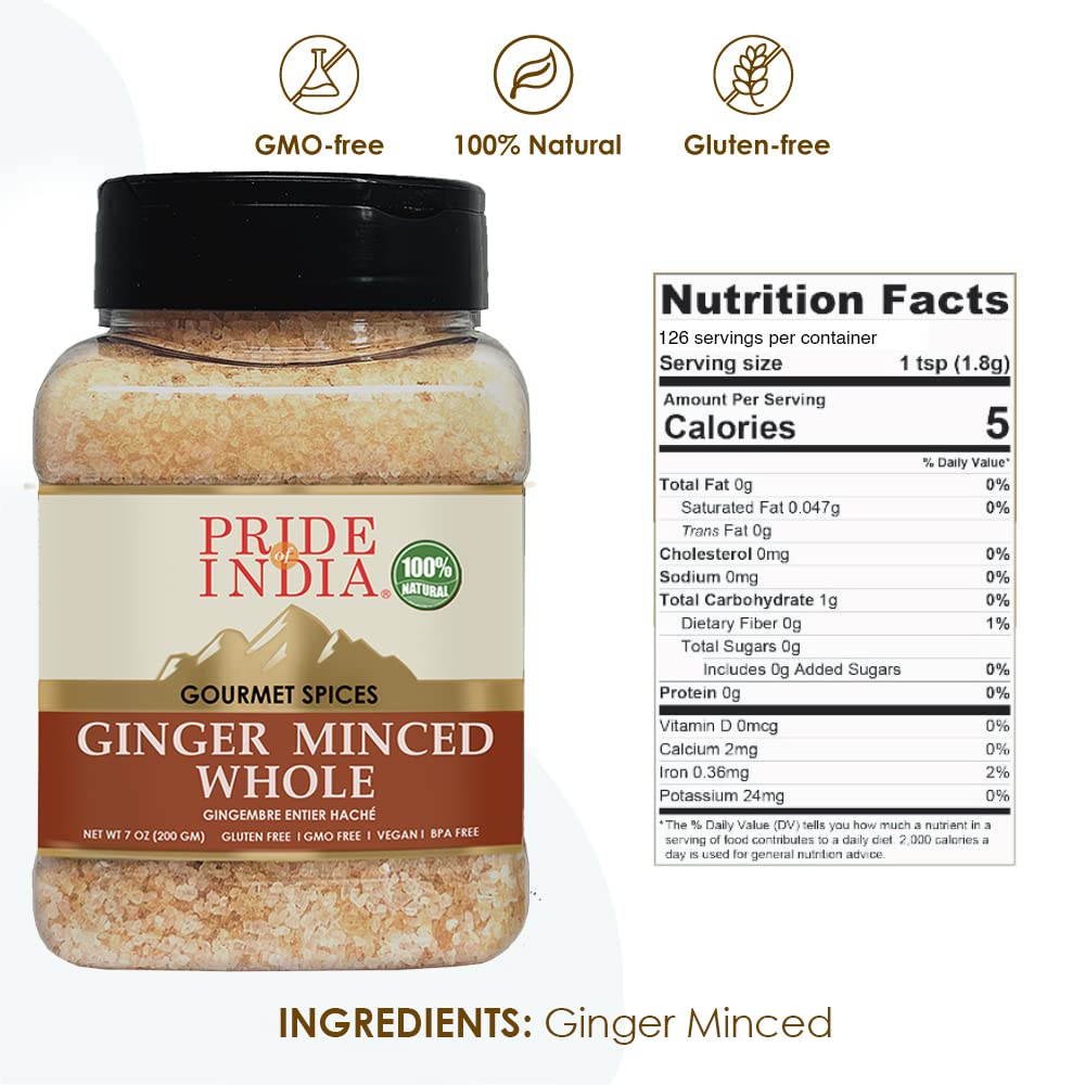 Pride of India - PACK of 6 - Ginger Minced Whole – Gourmet Spice – Rich in Antioxidant – Potent Flavor - Great for Adding Flavor to Stir Fries & Sauces – Easy to Store – 7 oz. Medium Dual Sifter Jar