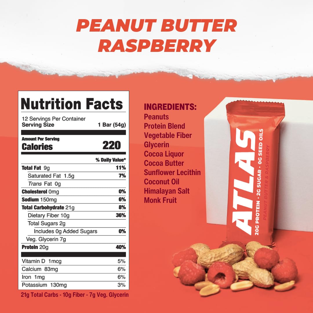 Atlas Bar – 20g Protein, 1g Sugar, 0g Seed Oils, 0g Artificial Sweeteners (12 Count, Peanut Butter Raspberry)