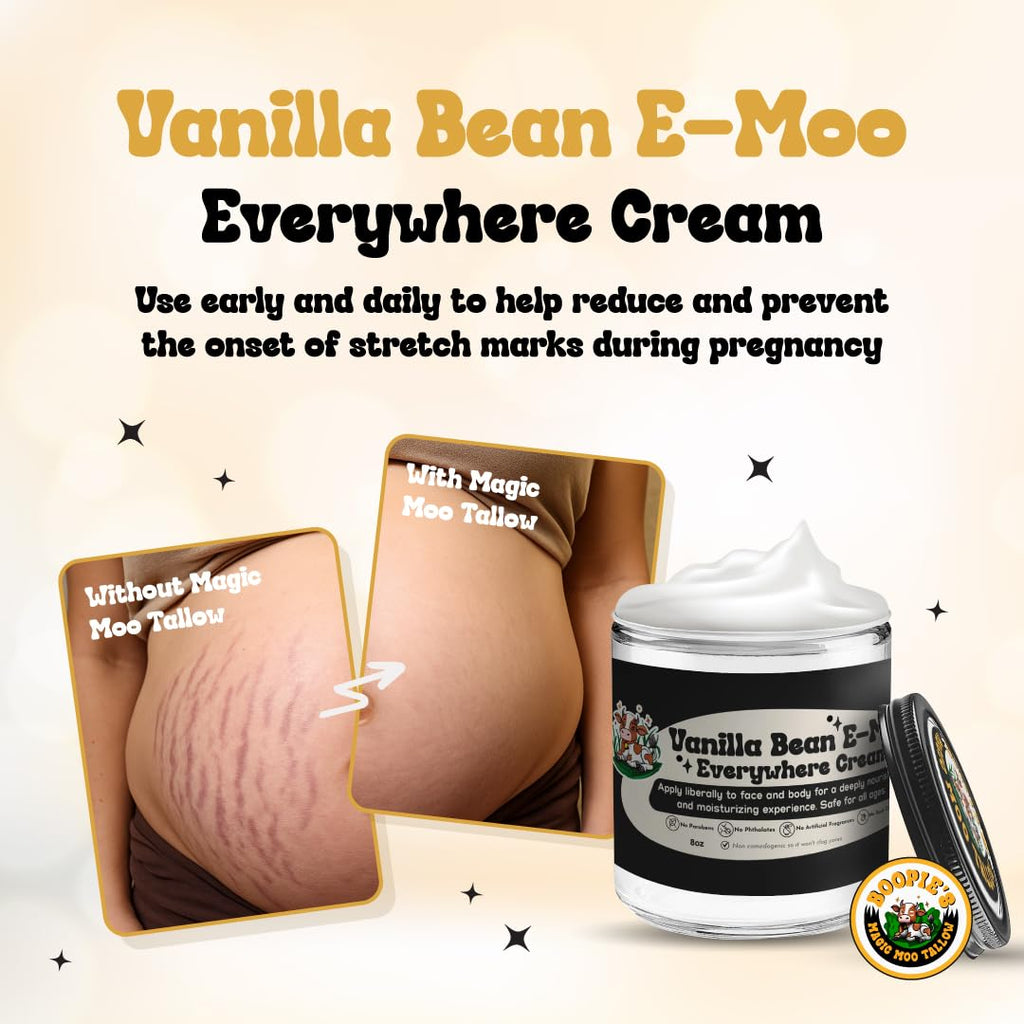 Magic Moo Tallow Vanilla Bean E-Moo Moisturizing Everywhere Cream with Organic Emu Oil. For acne, stretch marks, eczema, hyrdation, dry skin & more.
