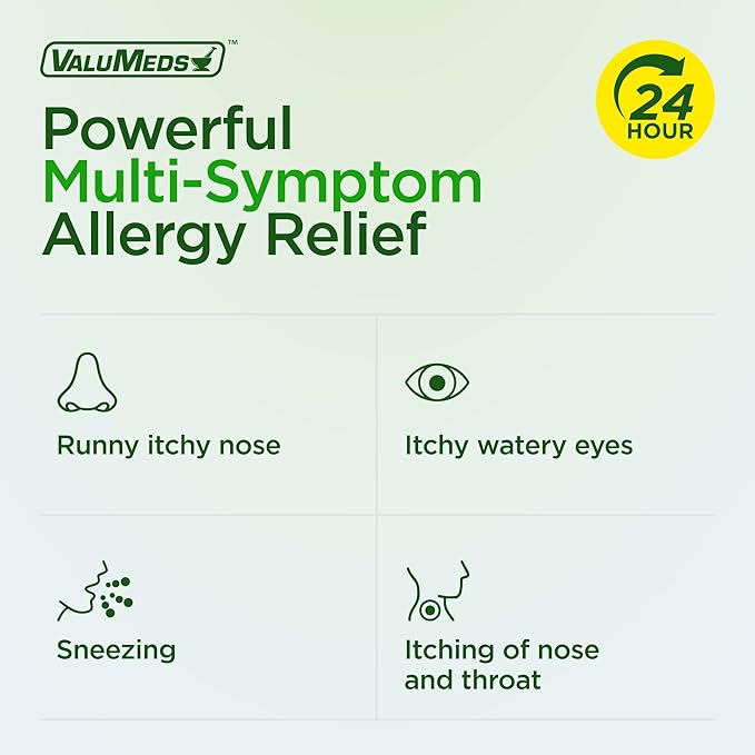 ValuMeds 24-Hour Allergy Medicine Antihistamine for Pollen, Hay Fever, Dry, Itchy Eyes, Allergies | Cetirizine HCl 10mg Caplets, Compare to Leading Brand (300 Count)