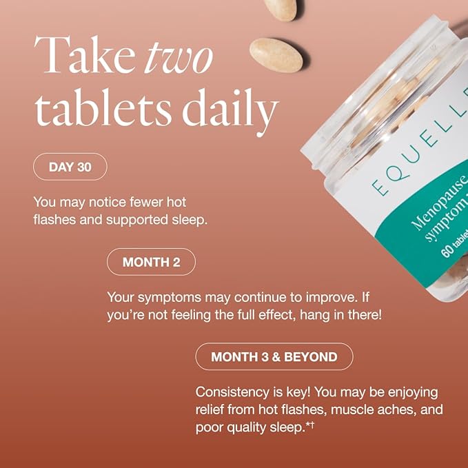 EQUELLE Multi-Symptom Menopause Relief Supplement for Women, Plant-Based S-Equol, Non-Hormonal & Non-Prescription, Fewer Hot Flashes, More Sleep, Relieves Muscle Aches, 3 Month Supply (180 Tablets)