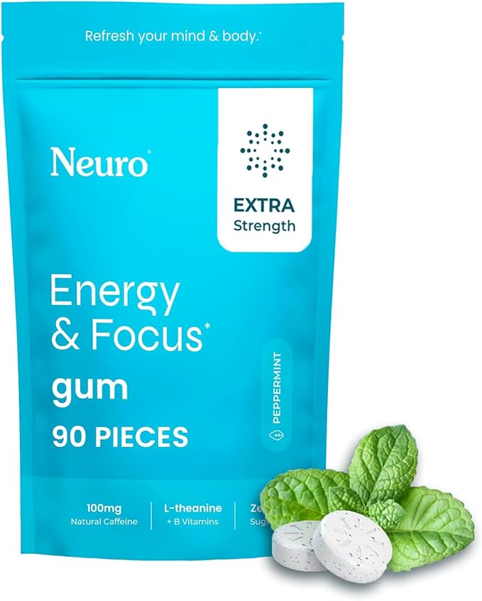 Neuro Energy & Focus Gum, Extra Strength - 100mg Natural Caffeine Gum & Nootropic Energy Supplement with L-Theanine & B Vitamins - Sugar Free, Vegan - Peppermint, 90ct