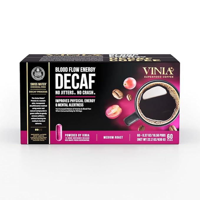 VINIA Decaf Medium Dark Roast with Red Grape Piceid Resveratrol, Nitric Oxide for Heart Health, Alertness, Physical Energy & Blood Flow Circulation. 60ct K-Cup Pods