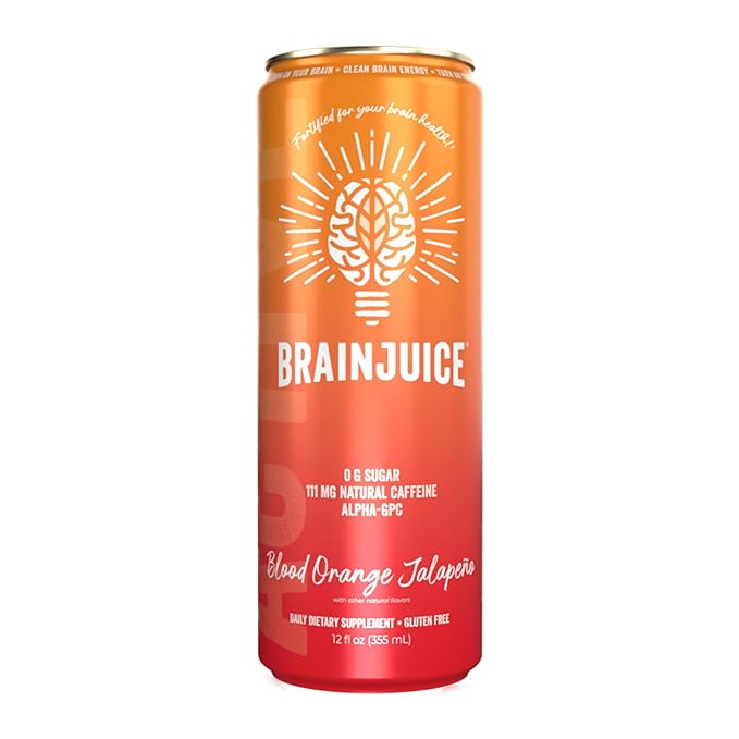 Brainjuice Brain Health Support Drink for Energy & Focus, Vitamin C, B5, B6 & B12, L Theanine, Alpha GPC, CoQ10 & Green Tea Caffeine, Gluten Free, Vegan, Blood Orange Jalapeno, 12 Oz Can, 6 Pack