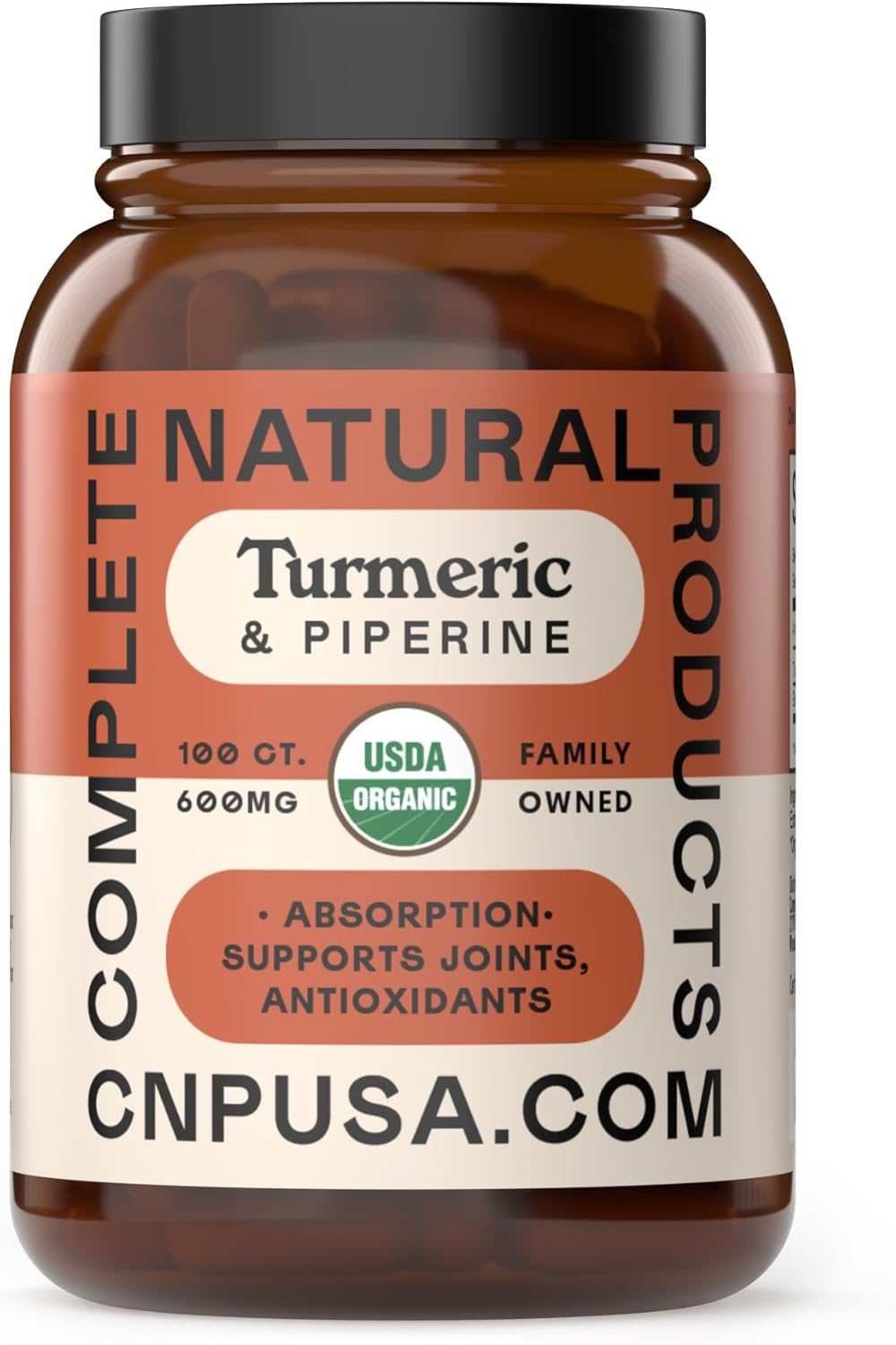 Complete Natural Products Organic Turmeric & Piperine Capsules, 600mg, 100ct, High Absorption Curcumin with Black Pepper, Plant-Based & USA Made