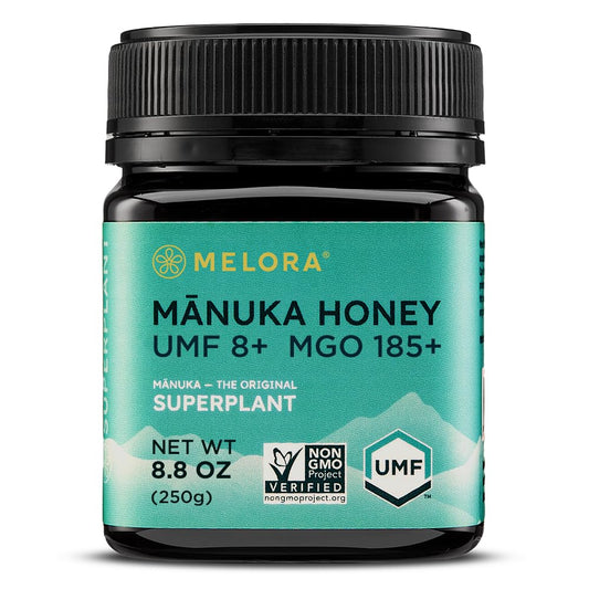 Melora Raw Manuka Honey from New Zealand | UMF 8+ | MGO 185+ | 8.8 Oz Jar | Safe for Skin Care | Edible & Healthy Sugar Alternative | Traceable from Hive to Hand Manuka Honey