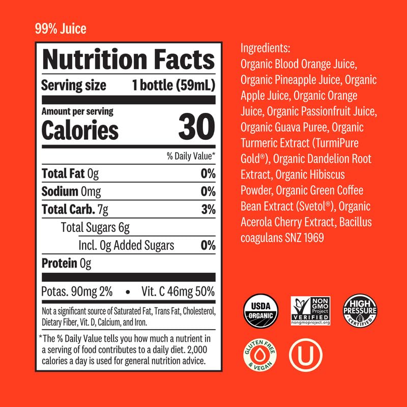 Suja Organic Detox Shot Blood Orange (20 Pack) with Turmeric and Acerola Cherry | Support Natural Detoxification | Functional Shots | Cold-Pressed Juice | Plant-Based& Gluten-Free