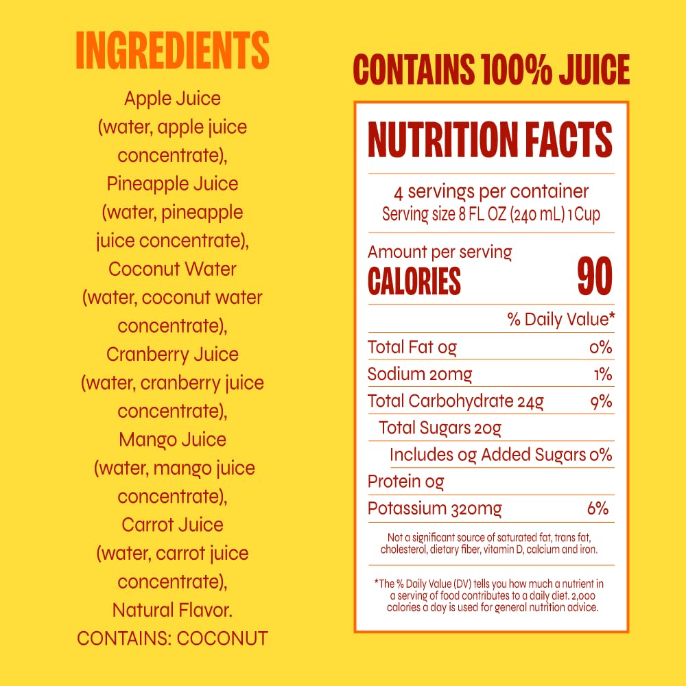 Revl Fruits™ 100% Juice, No Added Sugar, Pineapple Mango, Truly Tropical, 32 fl oz. Carton (Pack of 6)