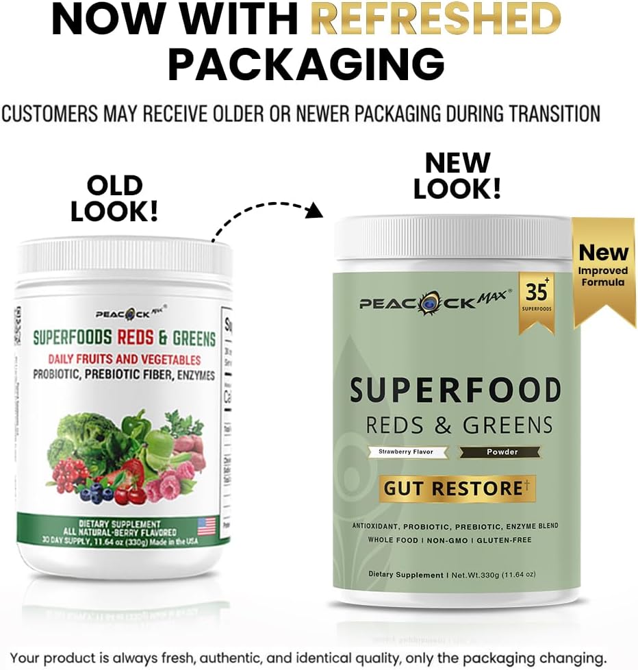 Superfood Reds & Greens Powder - 11.64 oz, Prebiotics & Probiotics for Digestive Health, Super Greens Powder with Ashwagandha for Gut Health, Immunity, Antioxidants, Strawberry Flavor, Vegan, Non-GMO