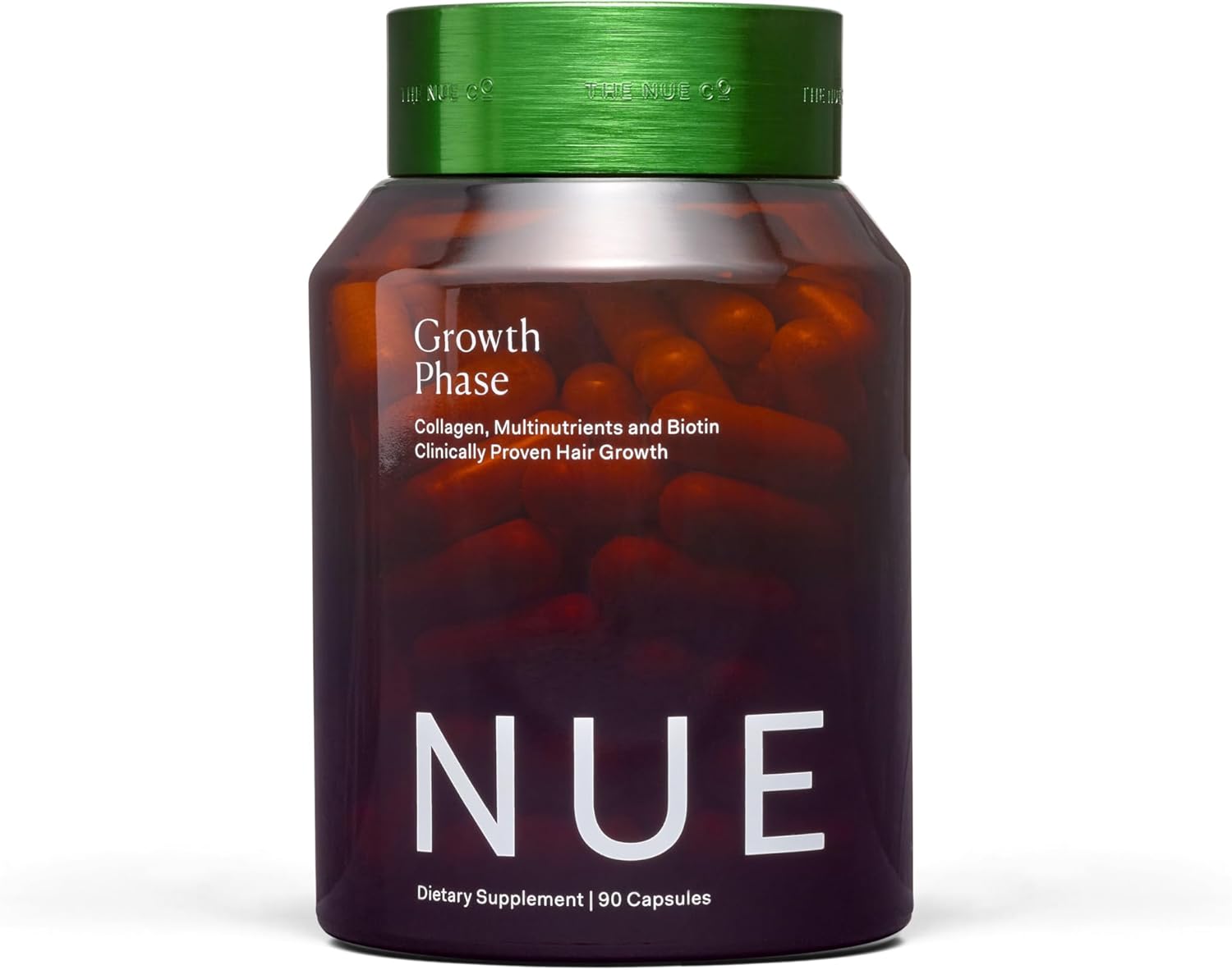 The Nue Co. Growth Phase Supplement, Supports Hair Growth, Reduces Breakage, Thicker & Fuller Hair, Contains Vitamins, Reishsi Mushrooms, Proteins & Adaptogens, Vegan, Gluten Free, 90 Capsules