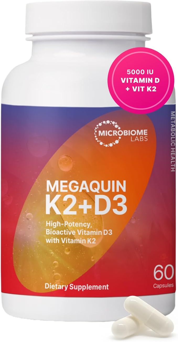 Microbiome Labs MegaQuin D3 + K2 - High Potency Vitamin D3 K2 Supplement - Bioactive & Bioavailable - Vitamin D3 5000 iu & MK-7 - Support Bone, Heart, Nerve & Immune Health (60 Capsules)