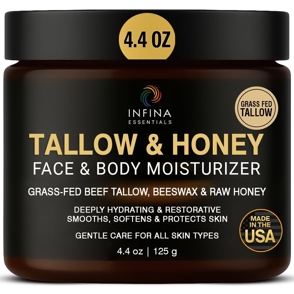 Beef Tallow for Skin with Honey - Grass Fed Beef Tallow for Face Wrinkles - Hydrating Cream Face and Body Moisturizer with Raw Honey and Olive Oil for Dry Skin, Hands, Feet - 4.4 oz