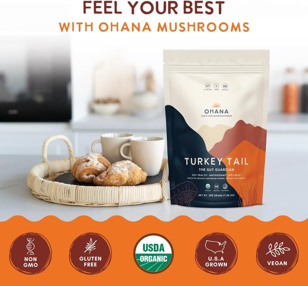 Ohana Turkey Tail, Organic Mushrooms Powder Blend, USDA-Organic Whole Food Mushroom Supplement, Non-GMO, Gluten-Free, 7.06 oz Bag, Pack of 1