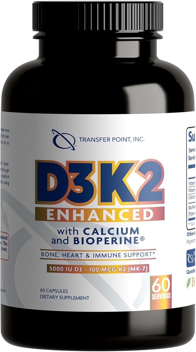 D3K2 Enhanced with Calcium & BioPerine® - 5000 IU Vitamin D3 + 100 mcg Vitamin K2 MK-7 - Once-daily formula, 60 Capsules