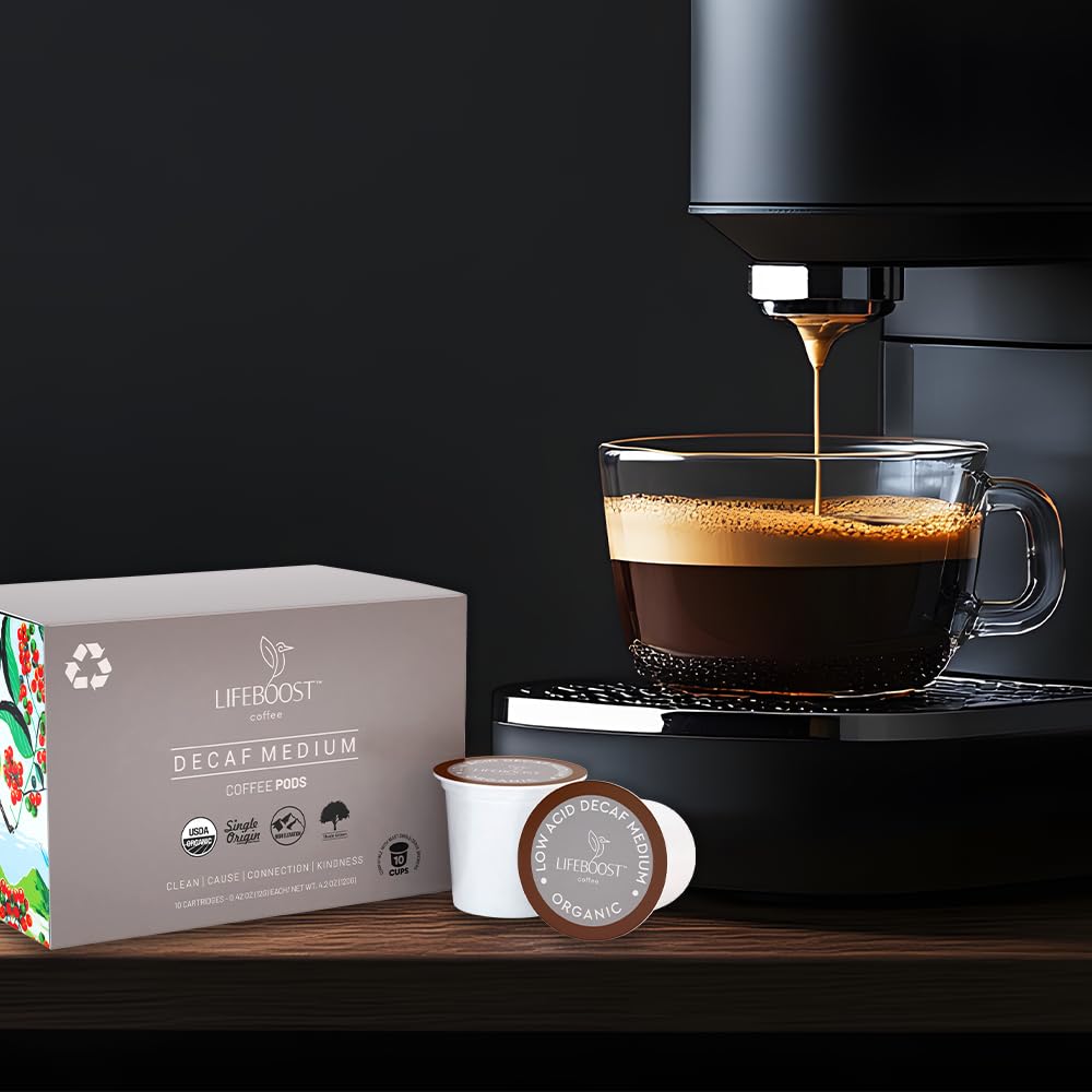 Lifeboost Organic Decaf Coffee K Cups - Low Acid Single Origin Non-GMO Mold Free Decaf Coffee Pods Compatible with Keurig & Keurig 2 - Third Party Tested for Mycotoxins and Pesticides - 10 Count